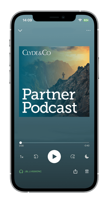 Podcast app interface on a smartphone showing "Clyde & Co Partner Podcast" artwork and playback controls.