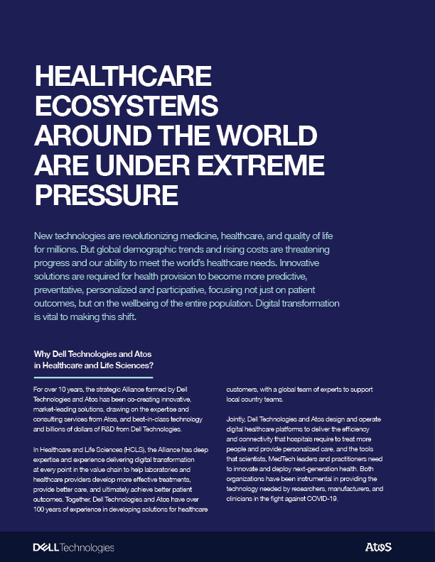 Text-based advertisement highlighting the partnership of Dell Technologies and Atos in addressing pressures on global healthcare ecosystems.