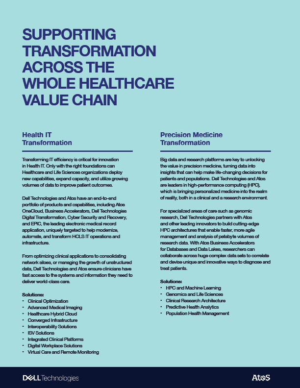 Text-based information from Dell Technologies and Atos outlining their support for transformation across the healthcare value chain.