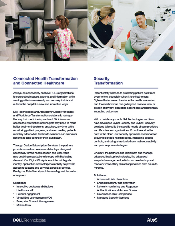 Text document outlining Dell Technologies and Atos's solutions for Connected Health Transformation and Security Transformation in healthcare