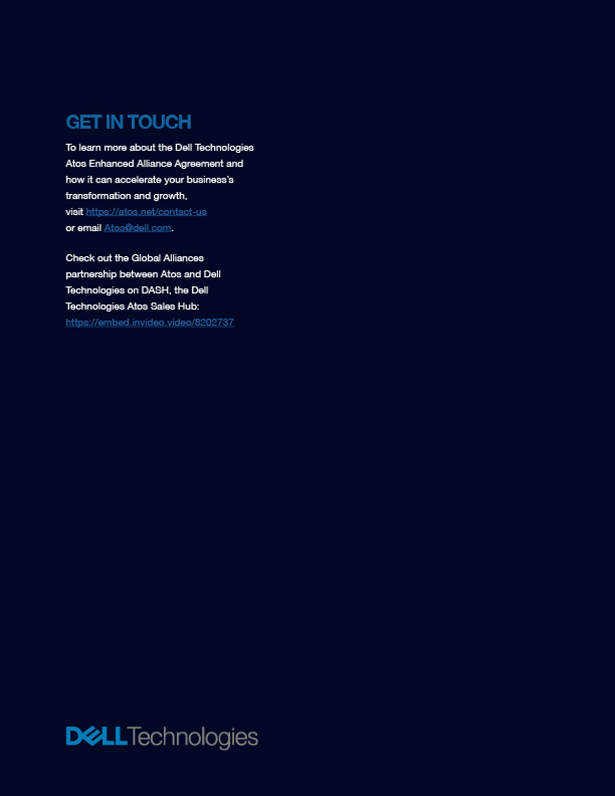 A "Get in Touch" page providing contact details for learning more about the Dell Technologies and Atos partnership.