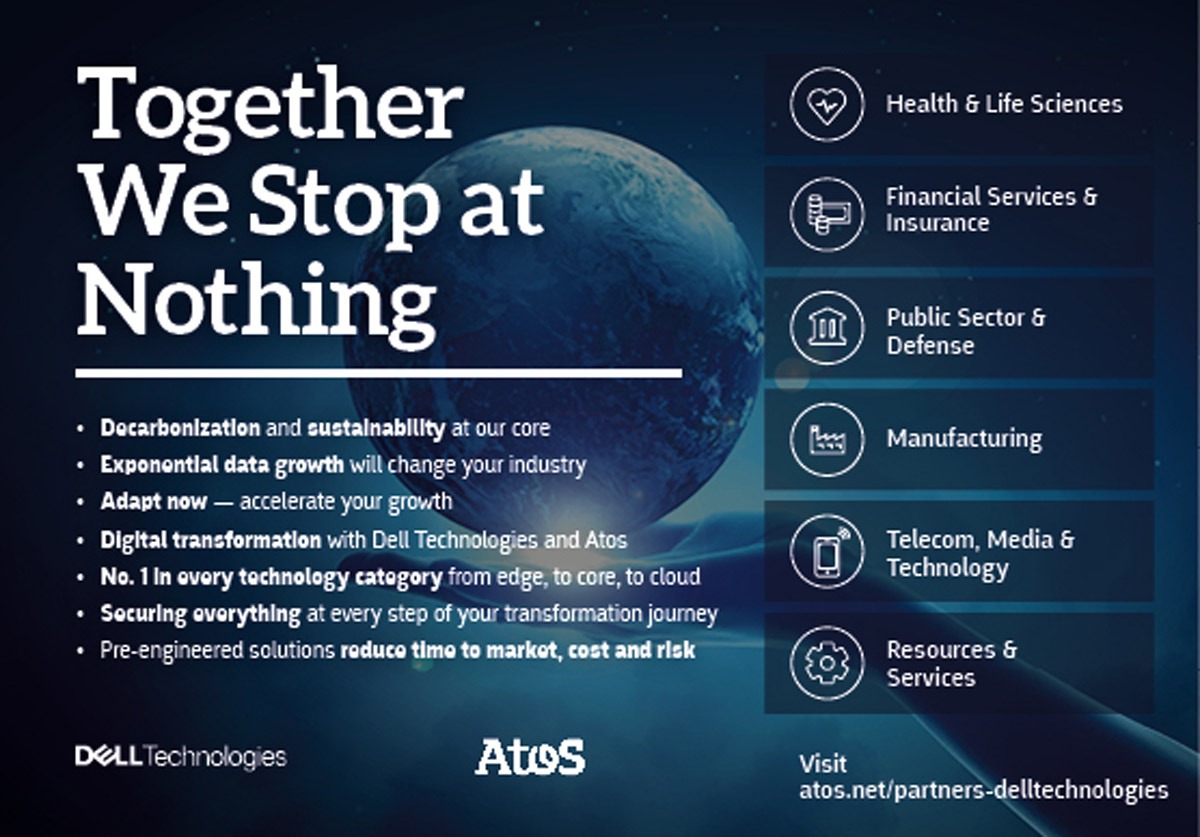 A promotional image for Dell Technologies and Atos highlighting their partnership and areas of focus.